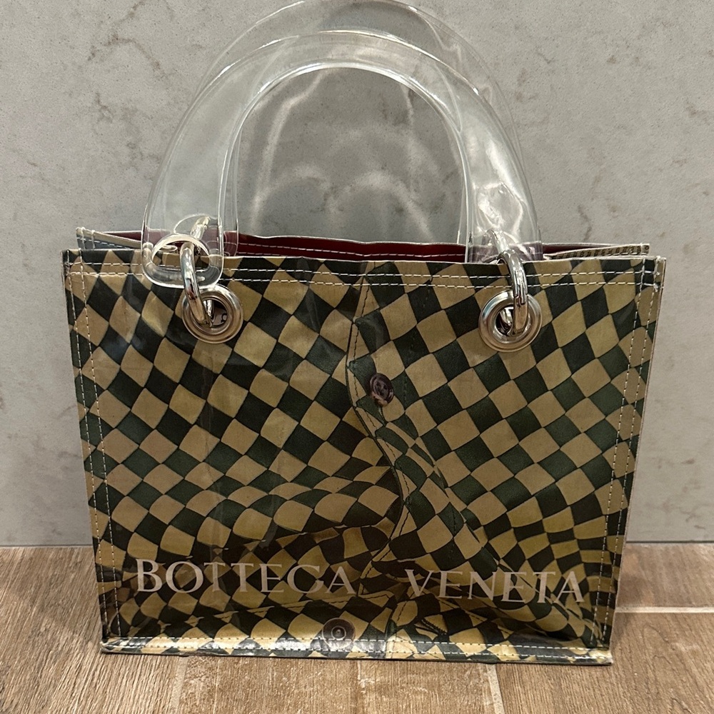 Couture Planet Bottega Veneta Green and Cream Check PVC Tote with Clear Handles